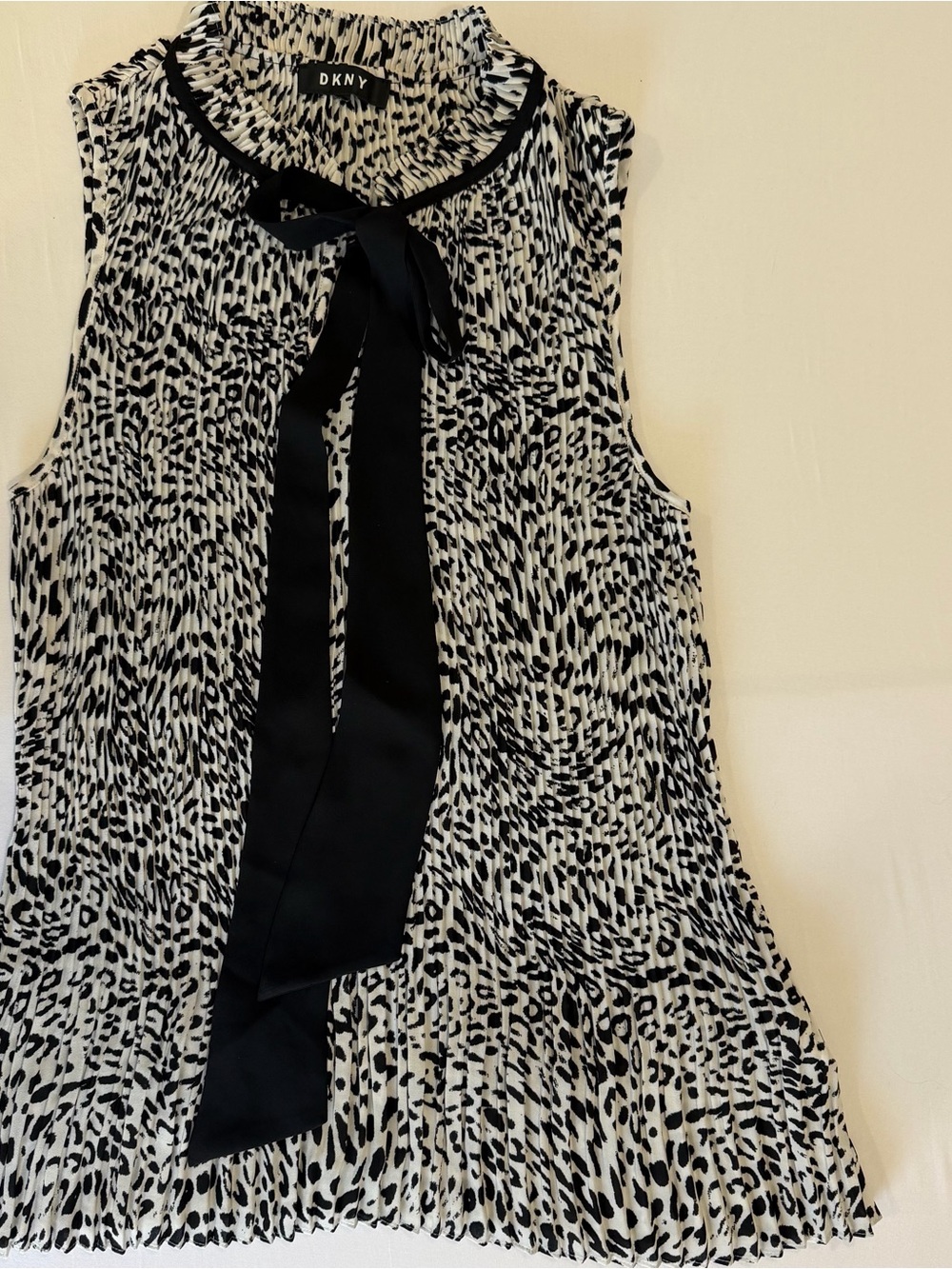 DKNY Black and White Pleated Sleeveless Camisole with Neck Tie